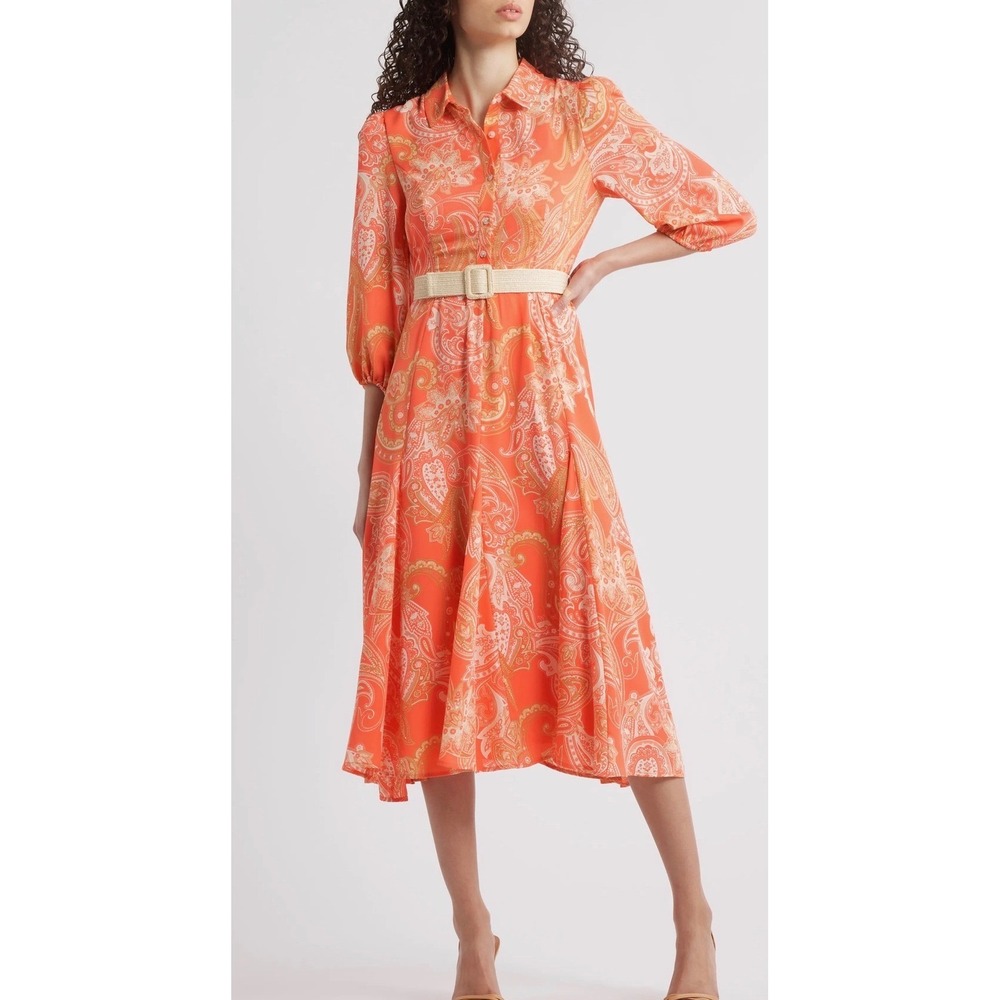 Tahari ASL Womens Orange Paisley Belted Midi Shirt Dress Coral 3/4 Sleeve Sz 16W